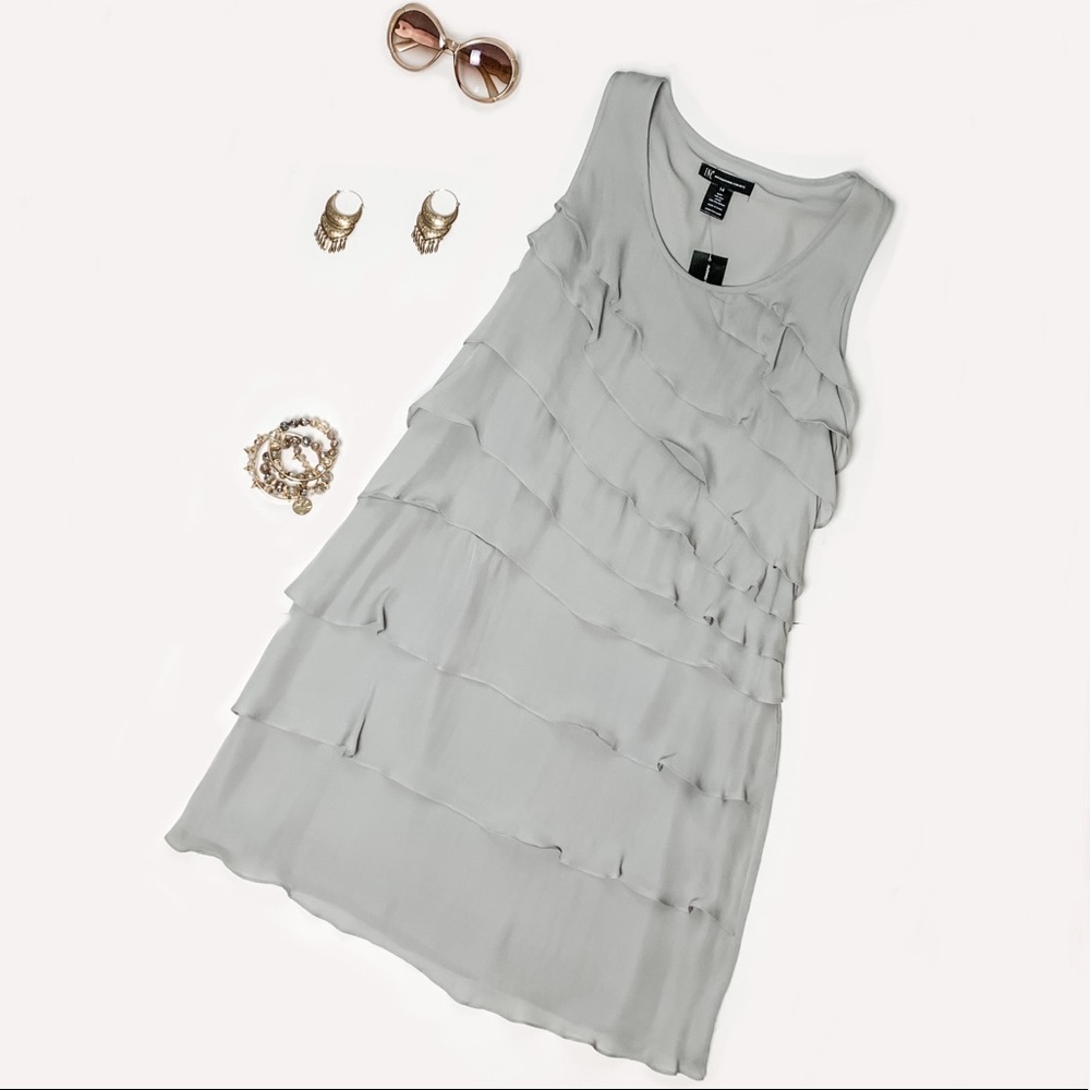 NWT INC Gray Silk Ruffled Tank Dress Size 14